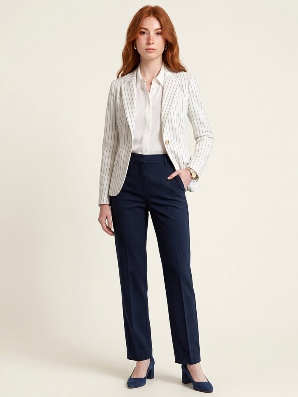 Tailored White Pinstripe Single-Button Blazer